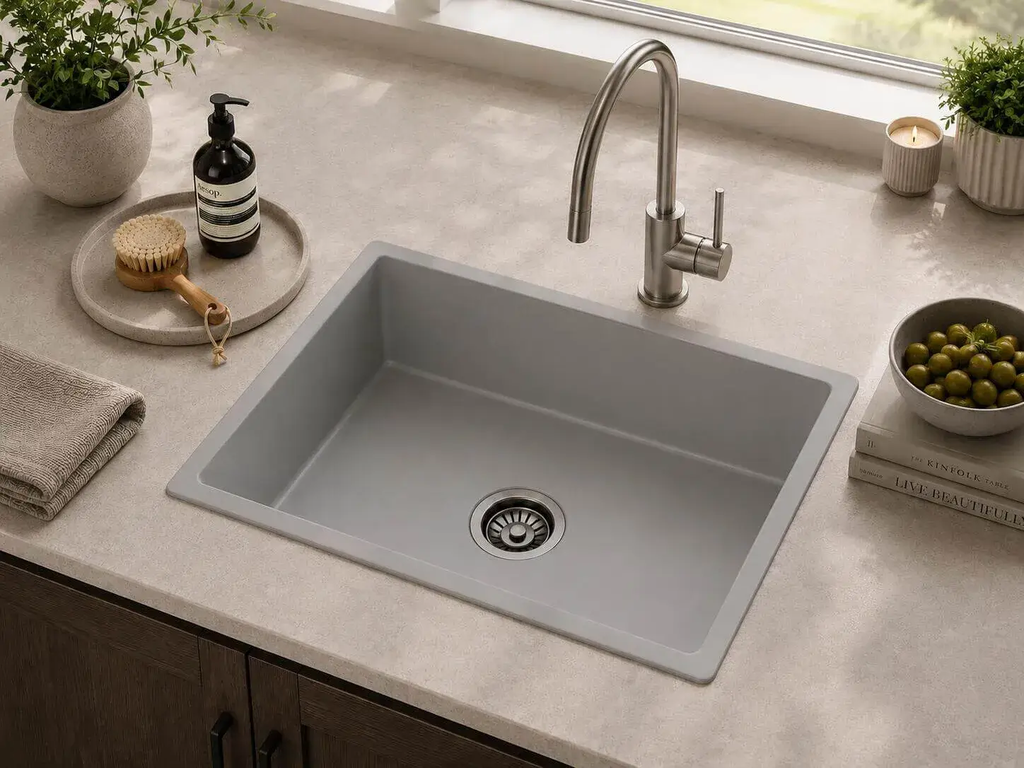 Lumen G Grey undermount granite composite sink in grey finish