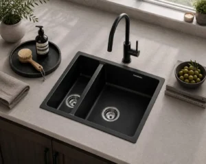 Lumen Stone Black undermount granite composite sink in black finish