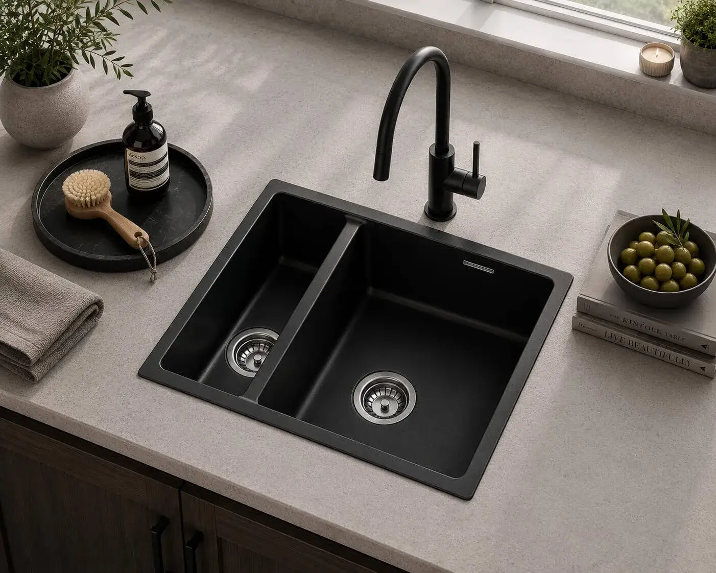 Lumen Stone Black undermount granite composite sink in black finish