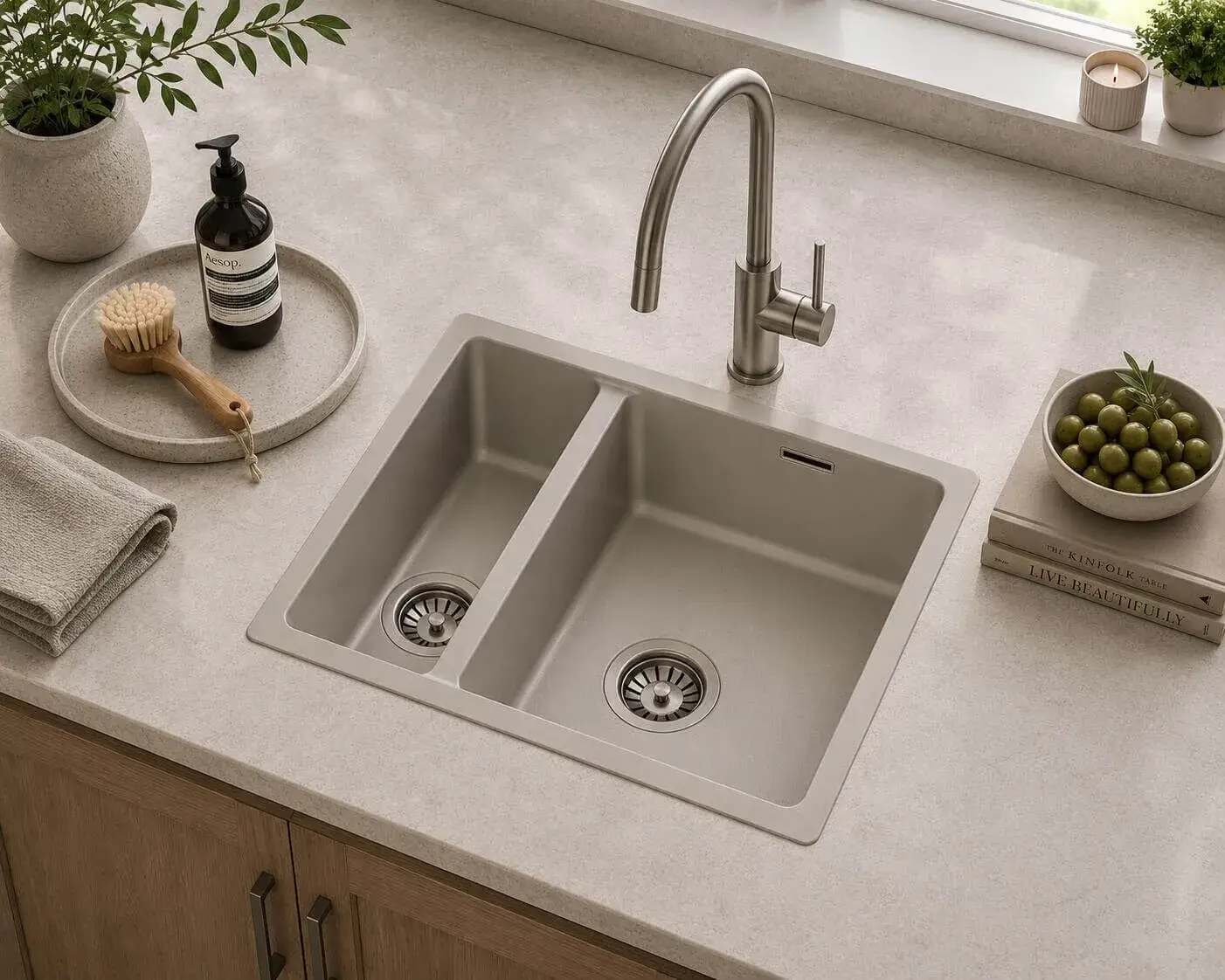 Lumen Stone Grey undermount granite composite sink in grey finish