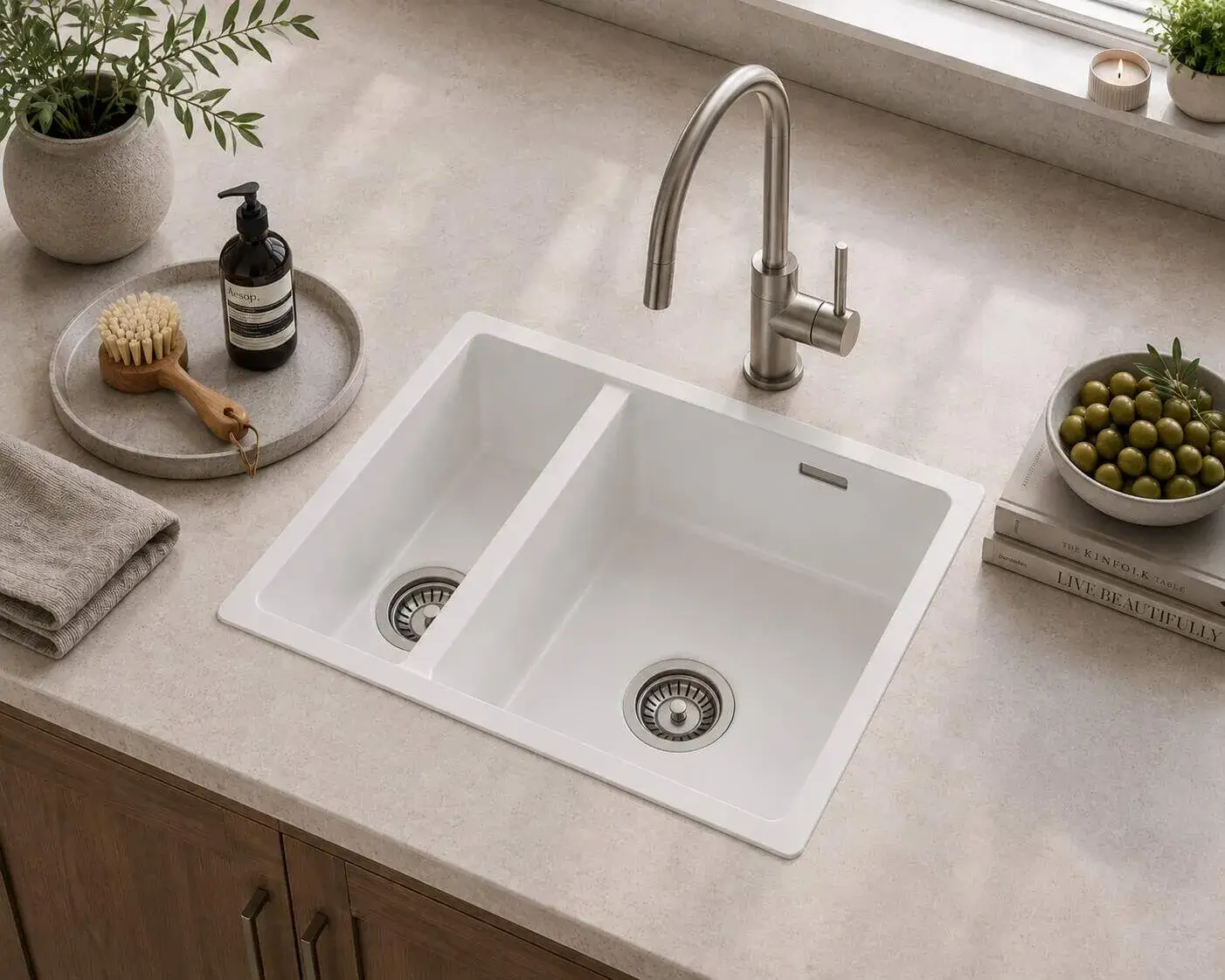 Lumen Stone White undermount granite composite sink in white finish