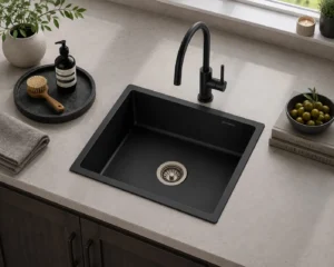 Lumen Terra Black undermount granite composite sink in black finish