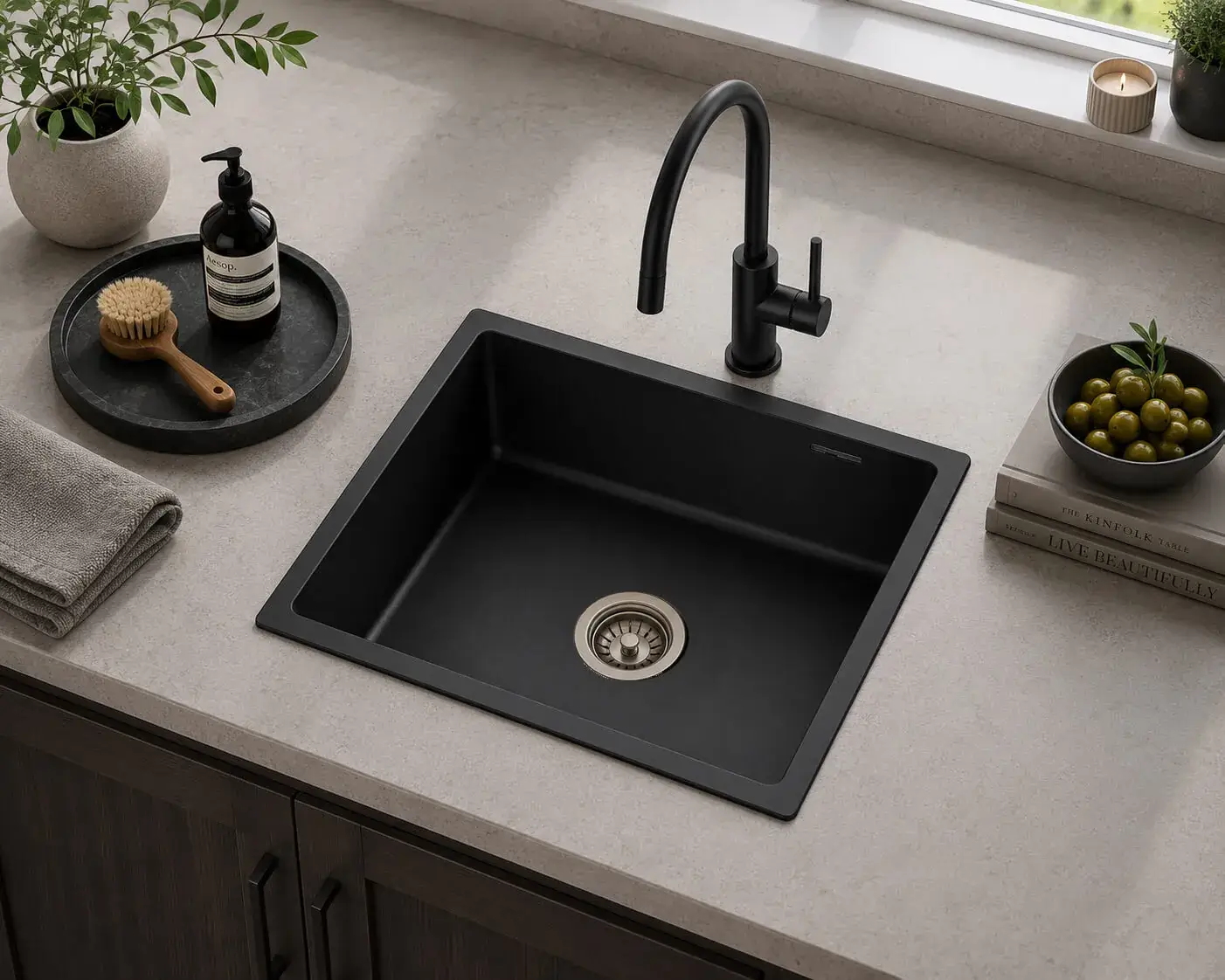 Lumen Terra Black undermount granite composite sink in black finish