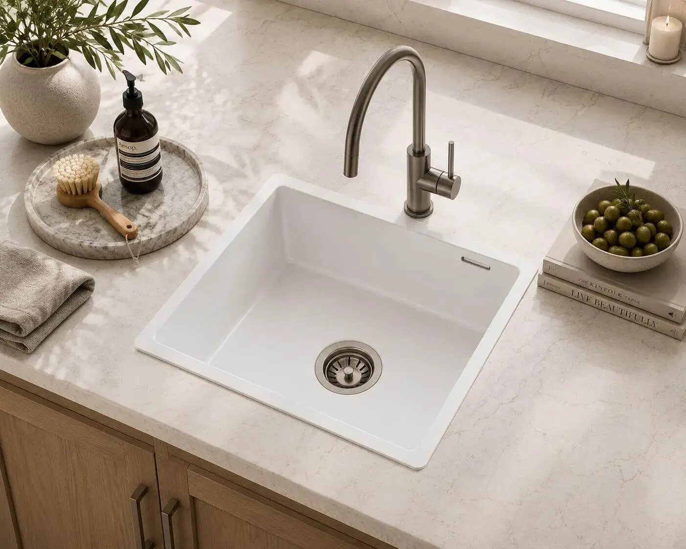 Lumen Terra White undermount granite composite sink in white finish