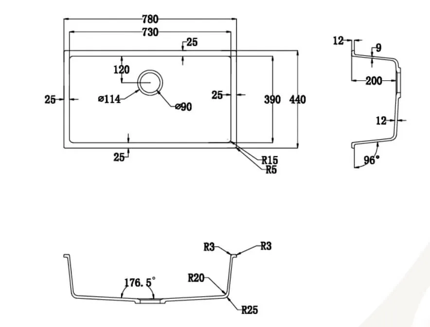 Technical dimension drawing for Lumen G Grey granite composite sink