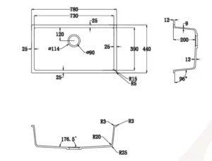 Technical dimension drawing for Lumen G White granite composite sink