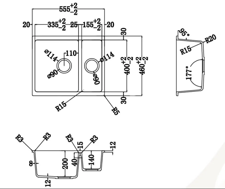 Technical dimension drawing for Lumen Stone Grey granite composite sink