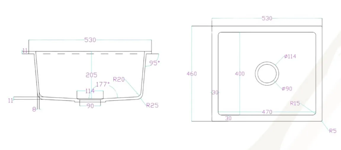Technical dimension drawing for Lumen Terra Grey granite composite sink
