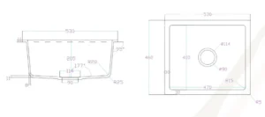 Technical dimension drawing for Lumen Terra Black granite composite sink