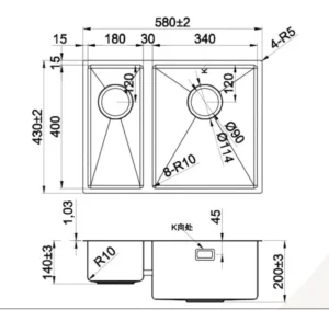 Technical dimension drawing for Lumen Zen GunMetal undermount stainless steel sink