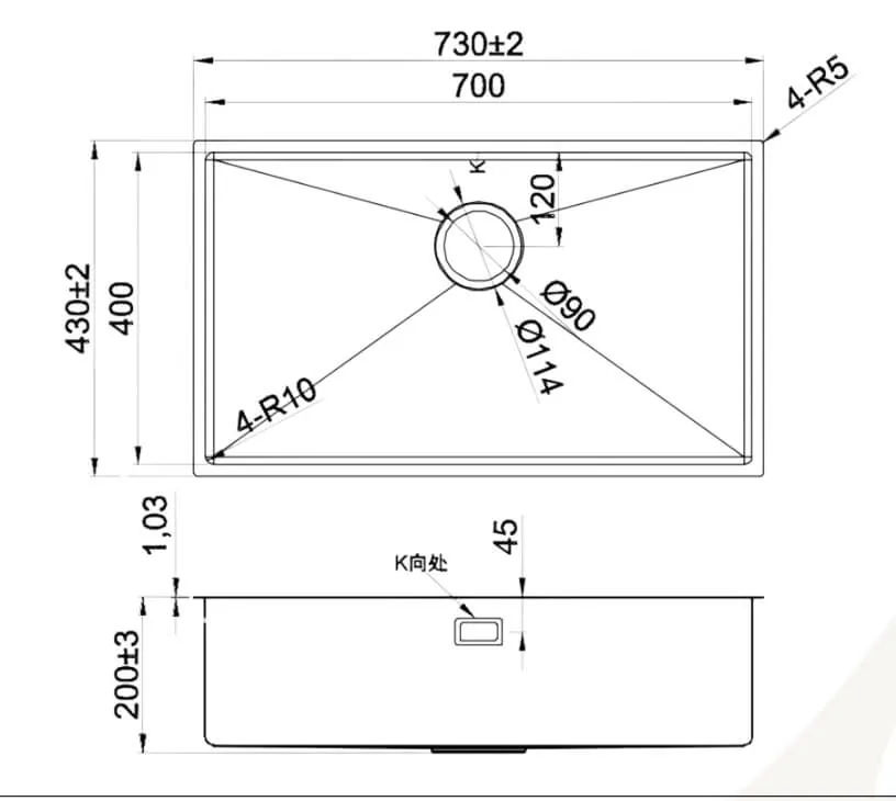 Technical dimension drawing for Lumen Core GunMetal undermount stainless steel sink