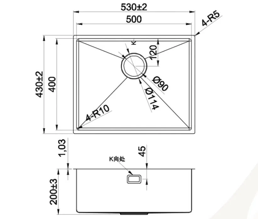 Technical dimension drawing for Lumen Solo Gold undermount stainless steel sink