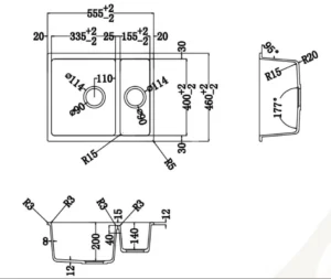 Technical dimension drawing for Lumen Stone White granite composite sink
