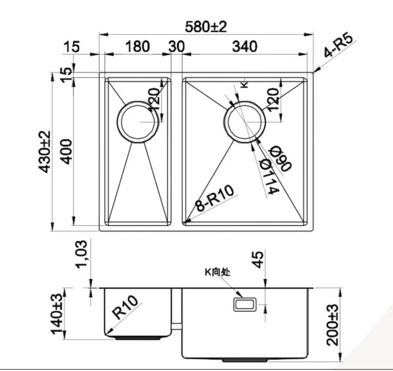 Technical dimension drawing for Lumen Zen Silver undermount stainless steel sink