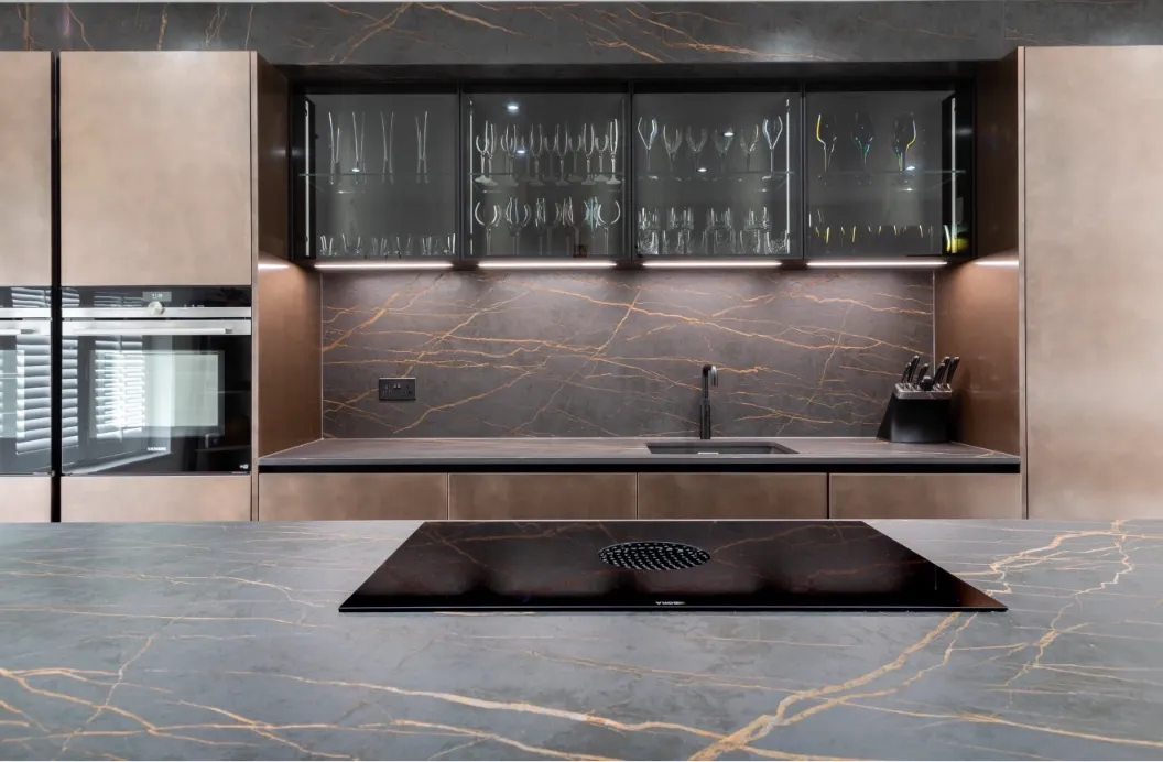 Gold Laurent Sintered Stone worktop showing bold copper veining