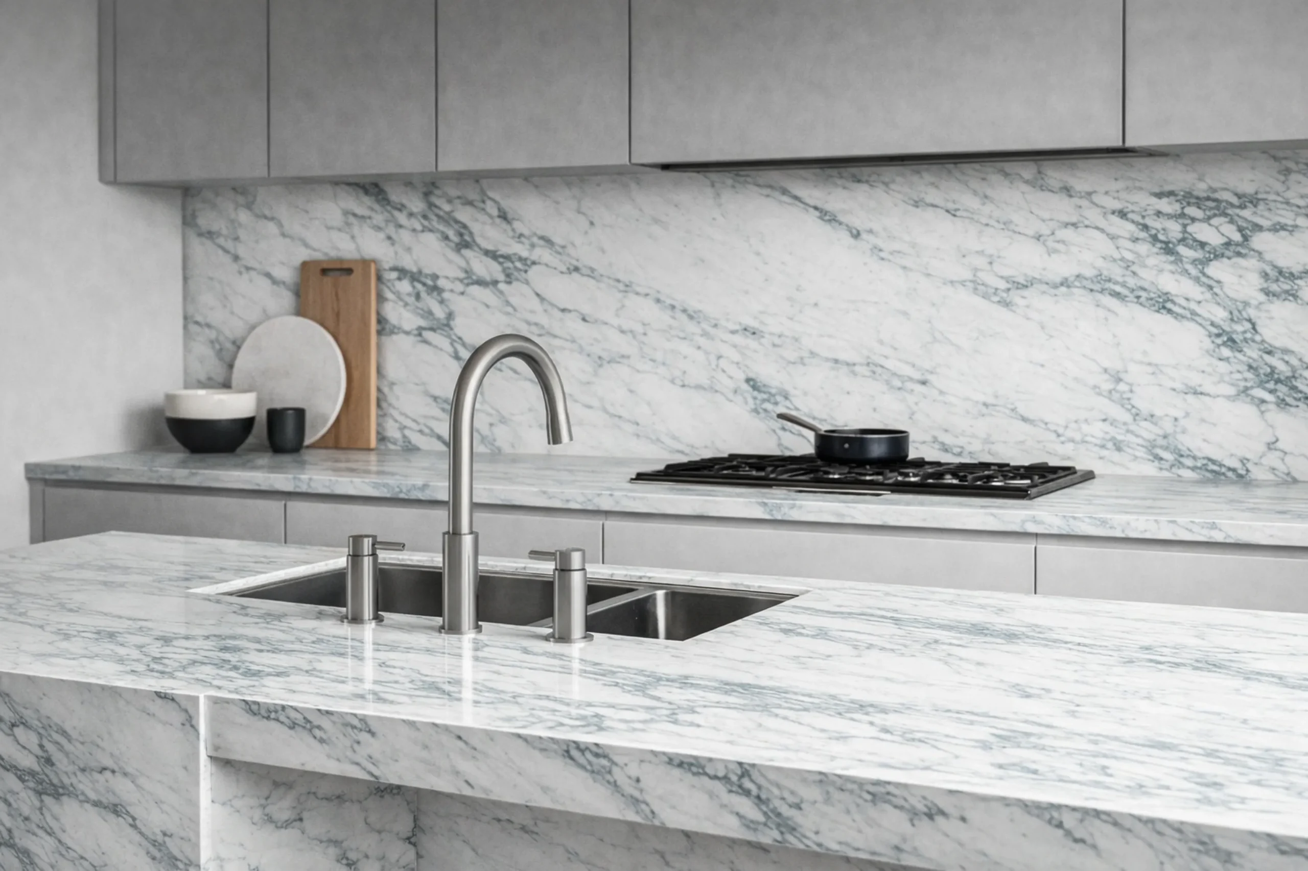 Calacatta Verde worktop surface with soft sage and olive veining
