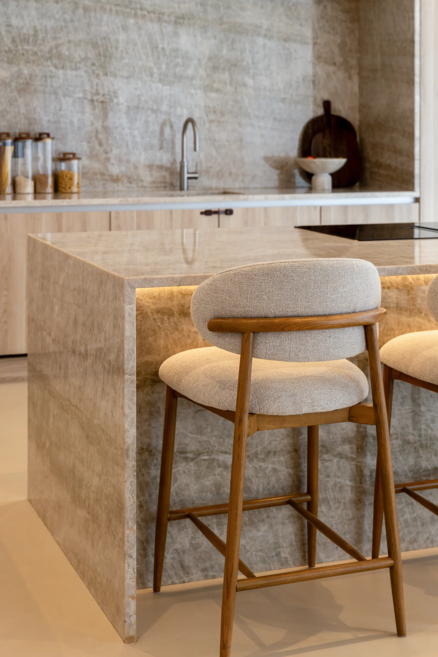 Taj Mahal Quartzite worktop showing soft beige tones and flowing veining