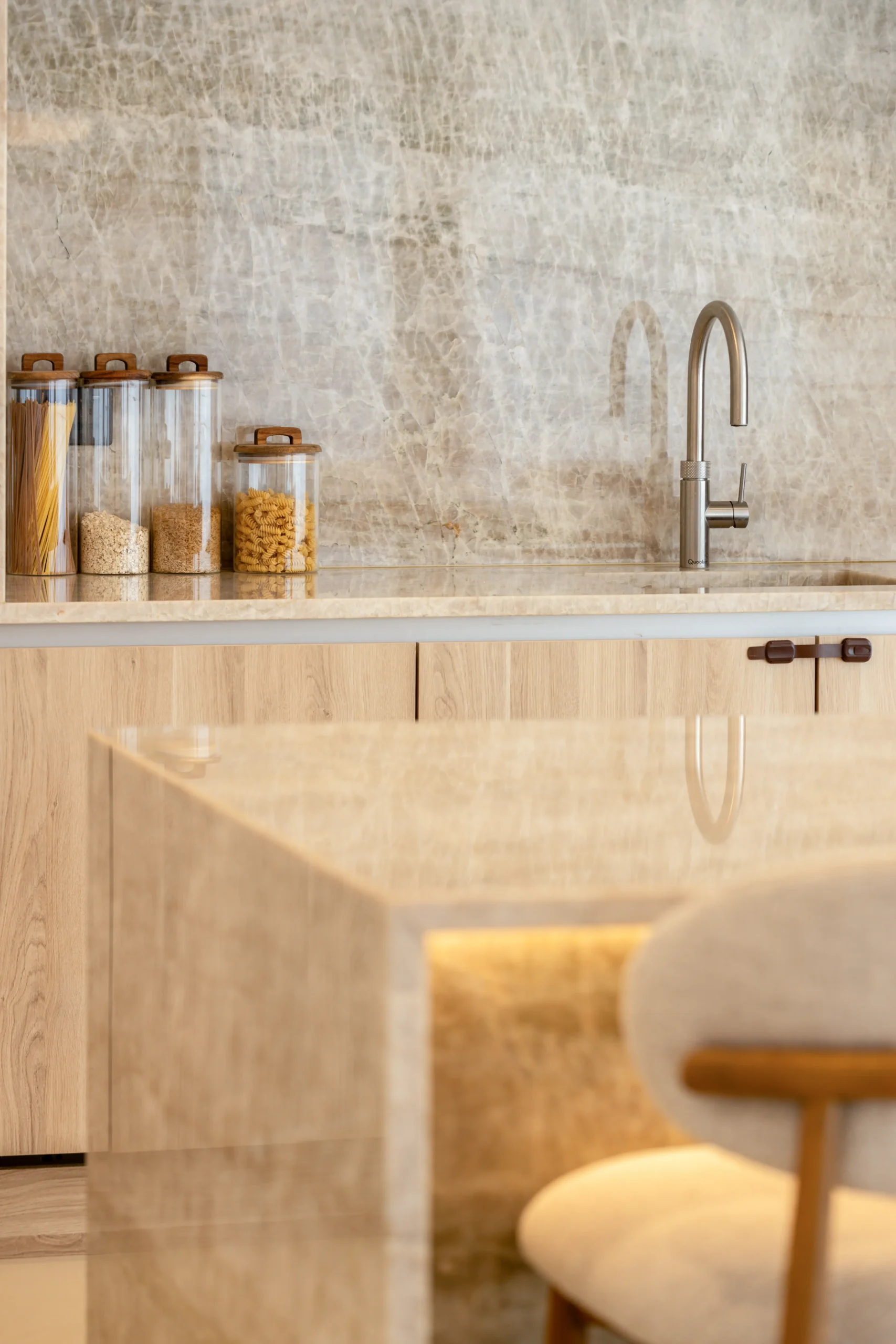 Taj Mahal Quartzite worktop showing soft beige tones and flowing veining