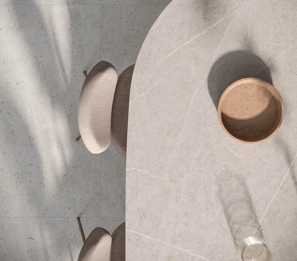 Close-up of Adia Dekton worktop with soft beige veining