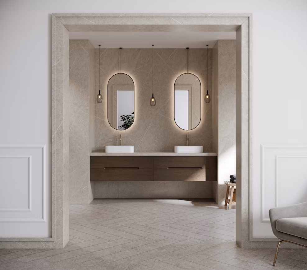Bathroom with Adia Dekton wall panels and double vanity
