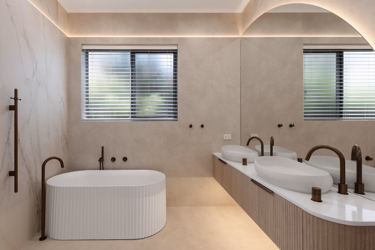 Bathroom with Albarium Dekton wall panels and vanity