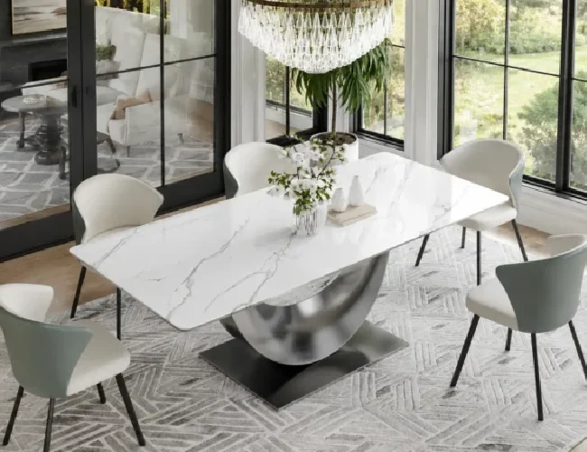 Arc bespoke stone dining table with white stone top and curved pedestal base