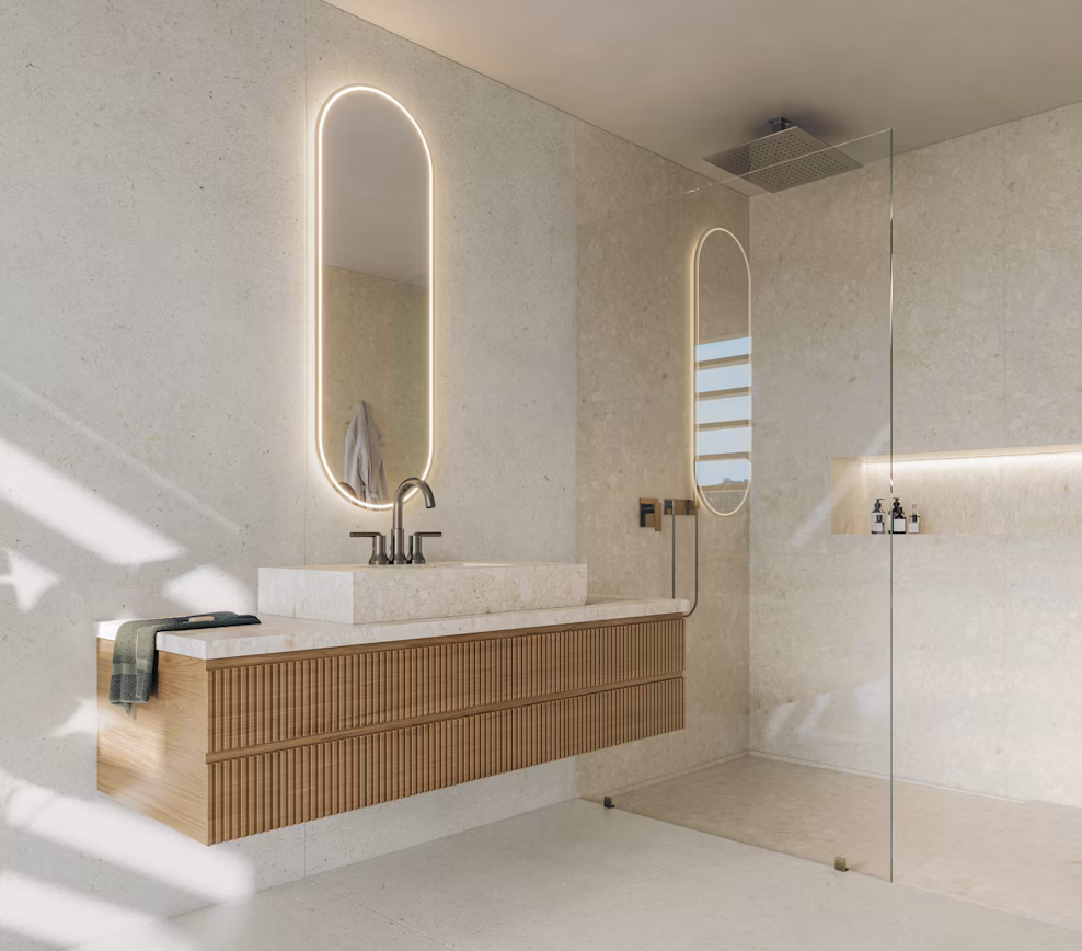 Bathroom vanity with Ava Dekton wall panels