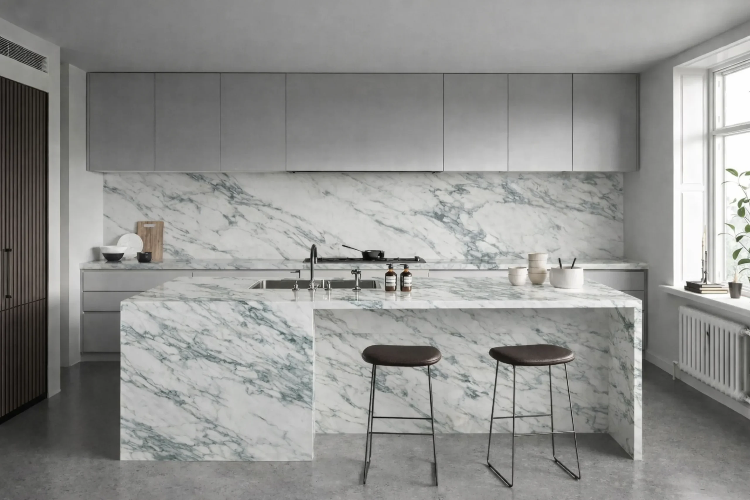 Calacatta Verde worktop showing soft sage and olive veining