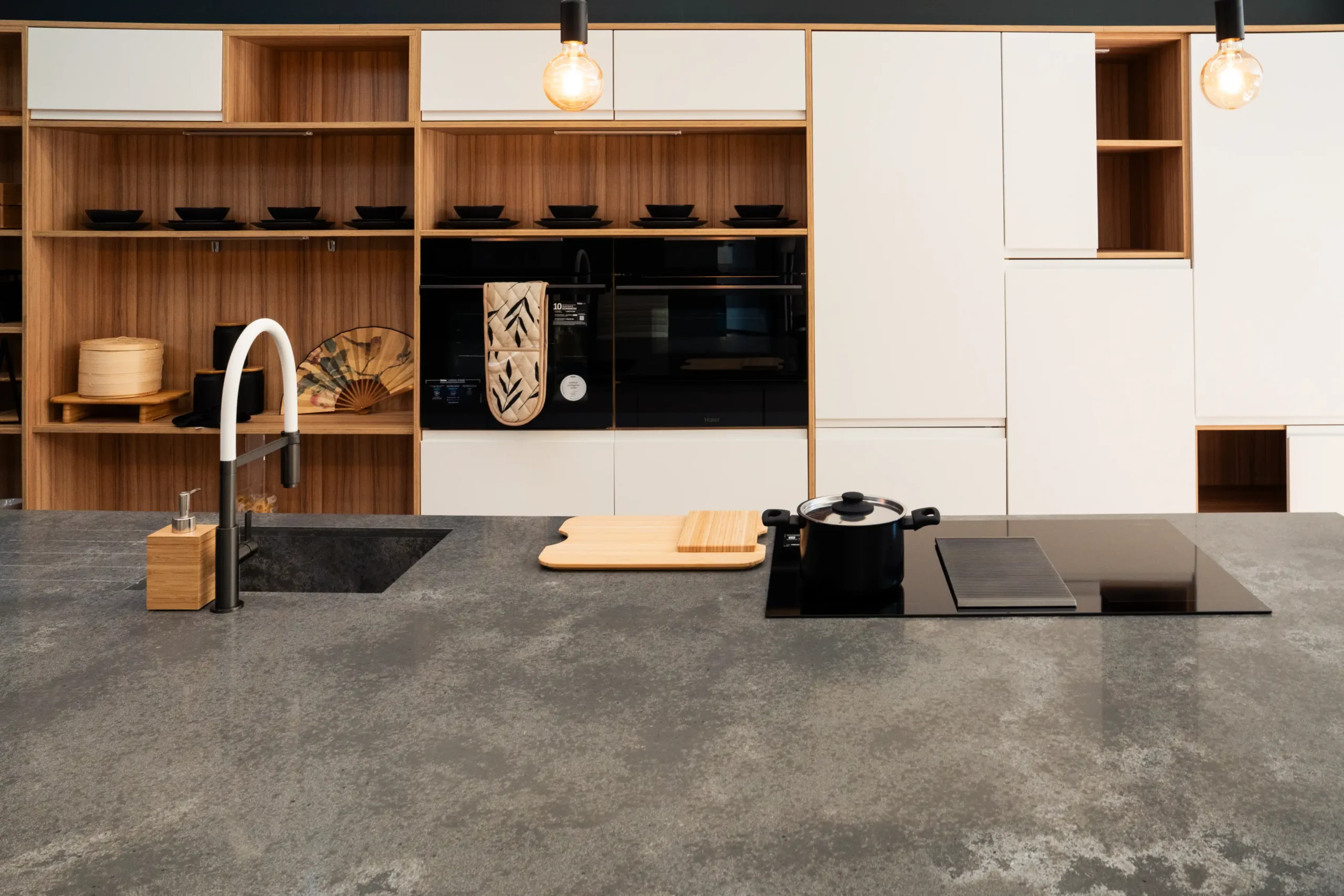 Concrete worktop showing grey concrete-effect surface