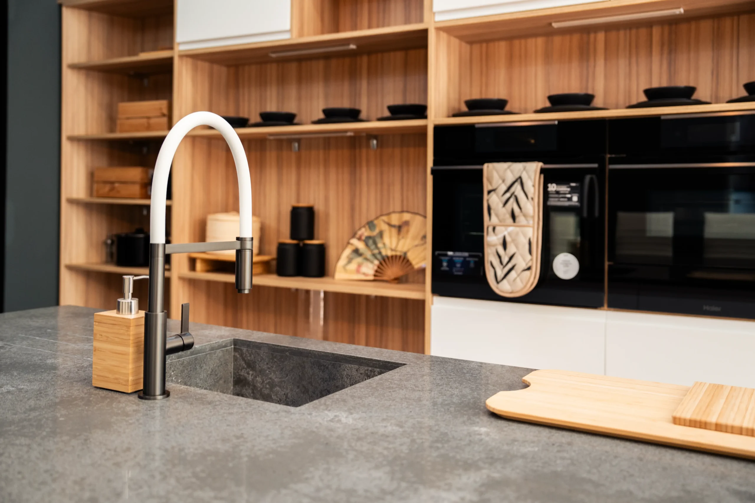 Concrete worktop showing grey concrete-effect surface