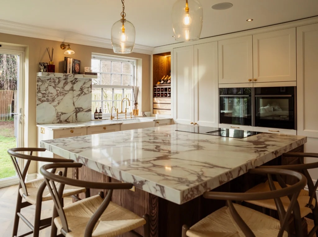 Calacatta Viola engineered stone kitchen island and matching splashback in Lancashire