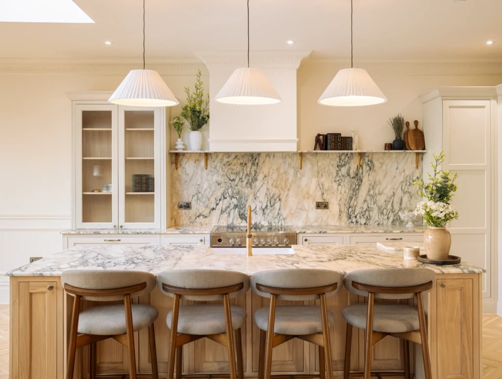 Calacatta Monet Marble worktops and full-height splashbacks in a Sussex kitchen