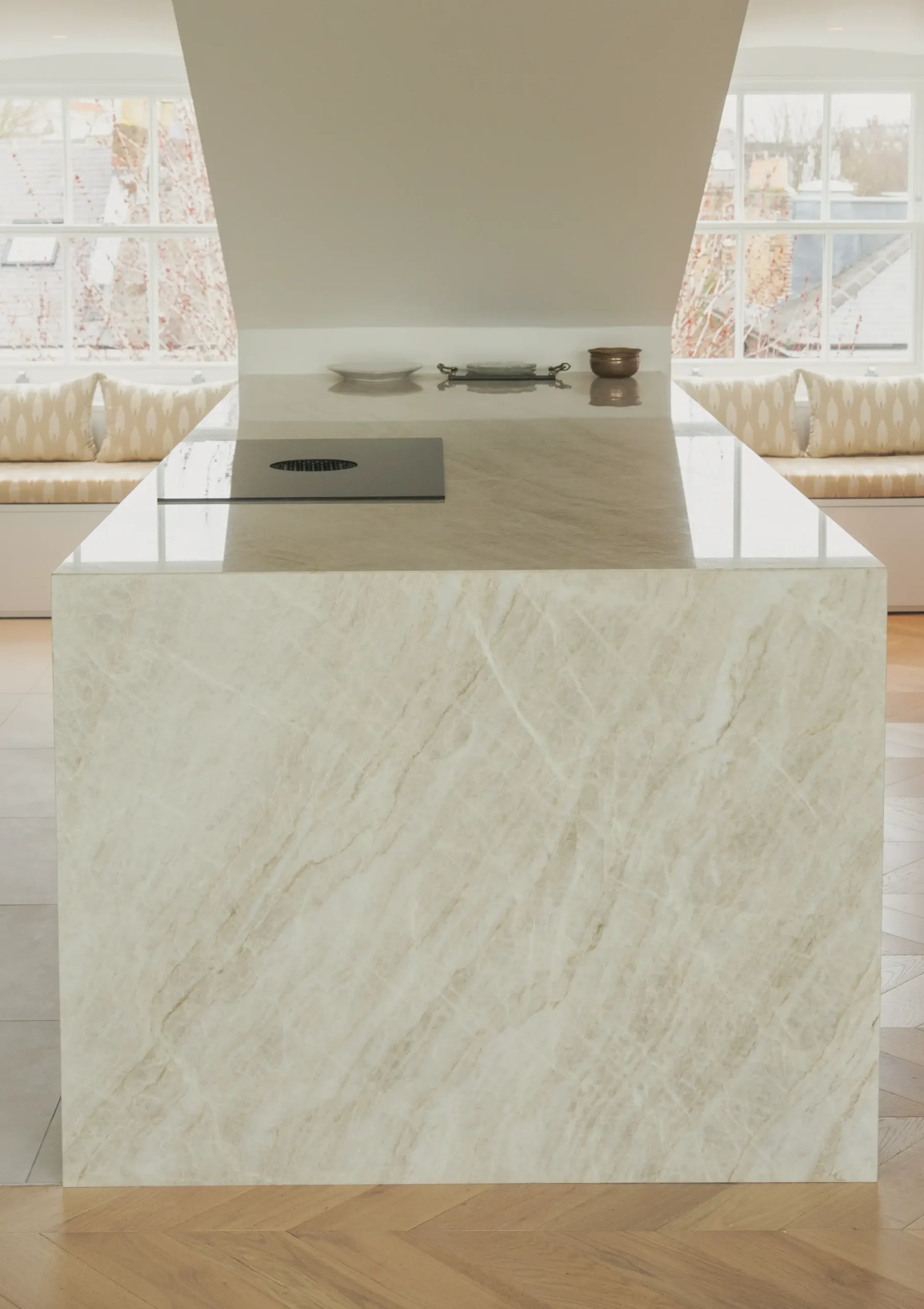 Taj Mahal worktop with soft, flowing veining
