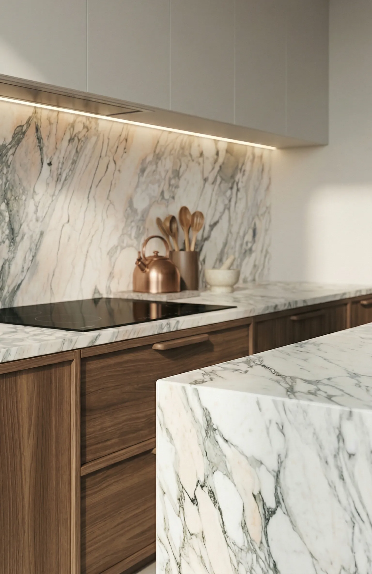 Rosa Arabescato marble worktop surface with soft blush undertones and expressive veining