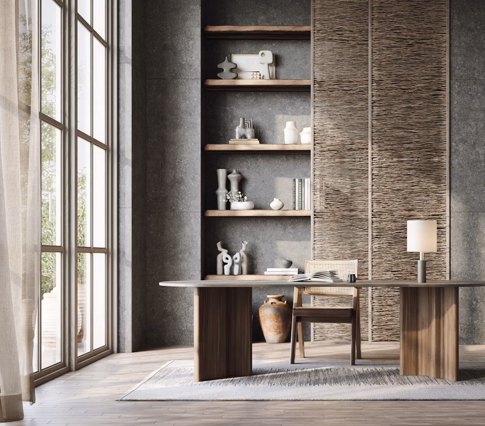 Living room wall and shelving with Grafite Dekton surface