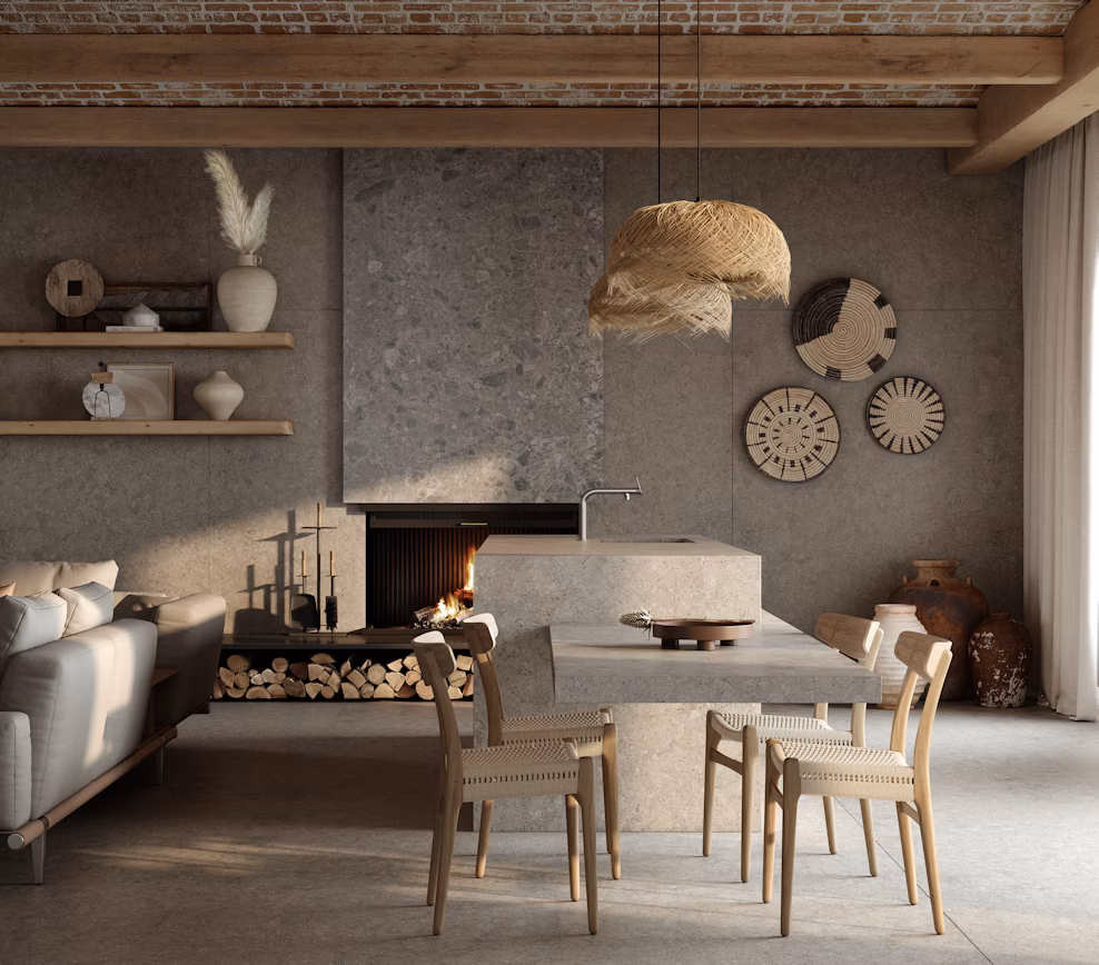 Living and dining area with Grigio Dekton wall cladding