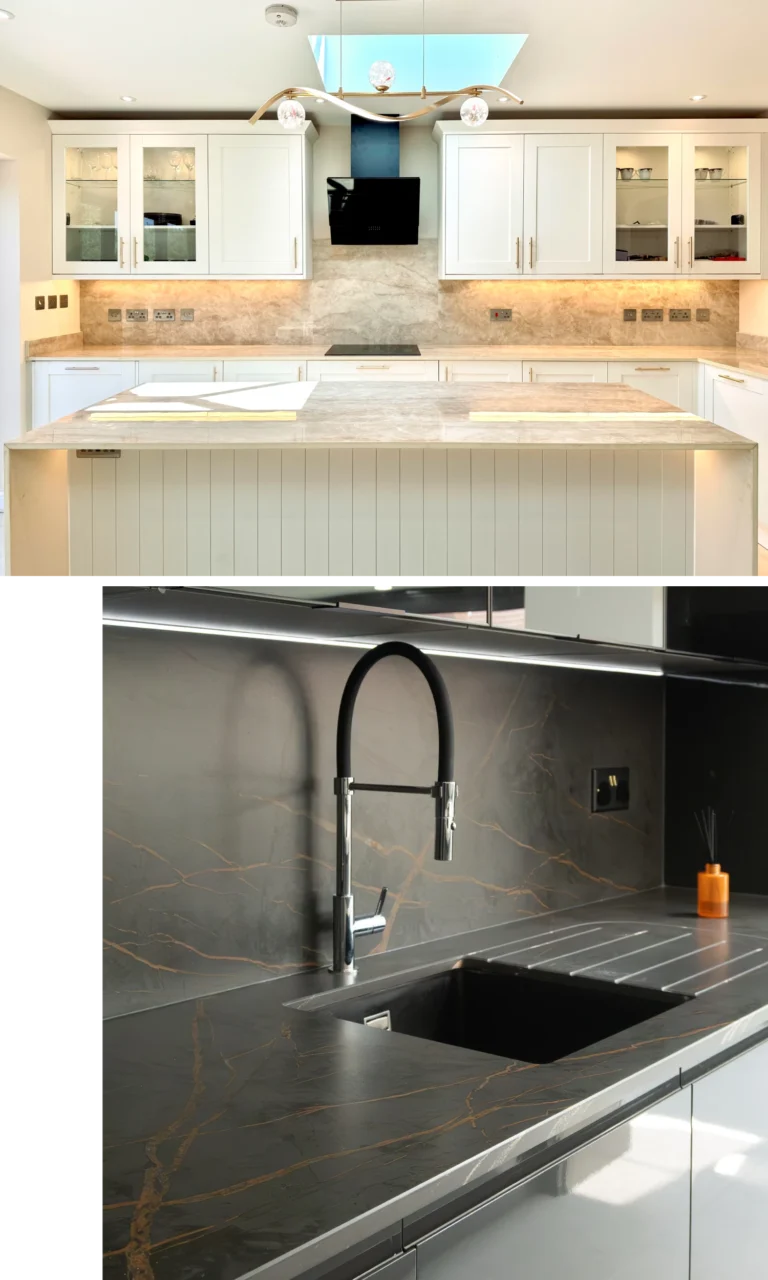 Modern kitchen with SINTERRA worktops and waterfall island