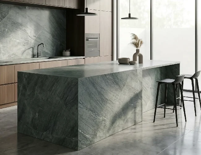 Modern kitchen with dramatic natural stone island and waterfall edge