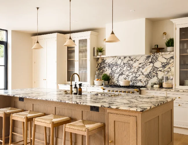 Bright family kitchen with natural stone island and timber cabinetry