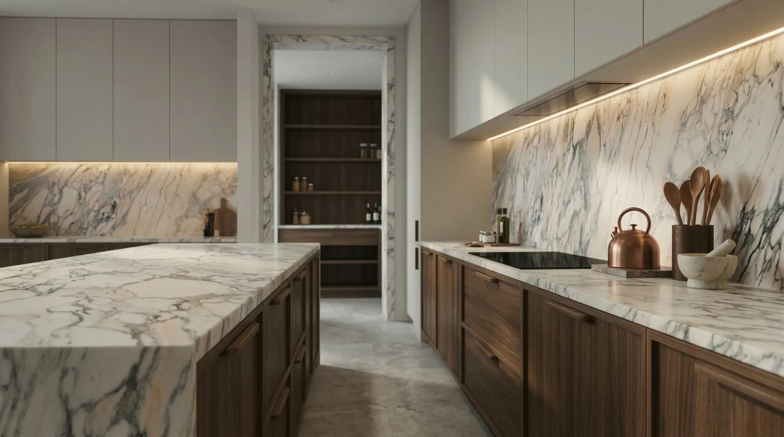 Rosa Arabescato marble worktop showing soft blush undertones and expressive veining