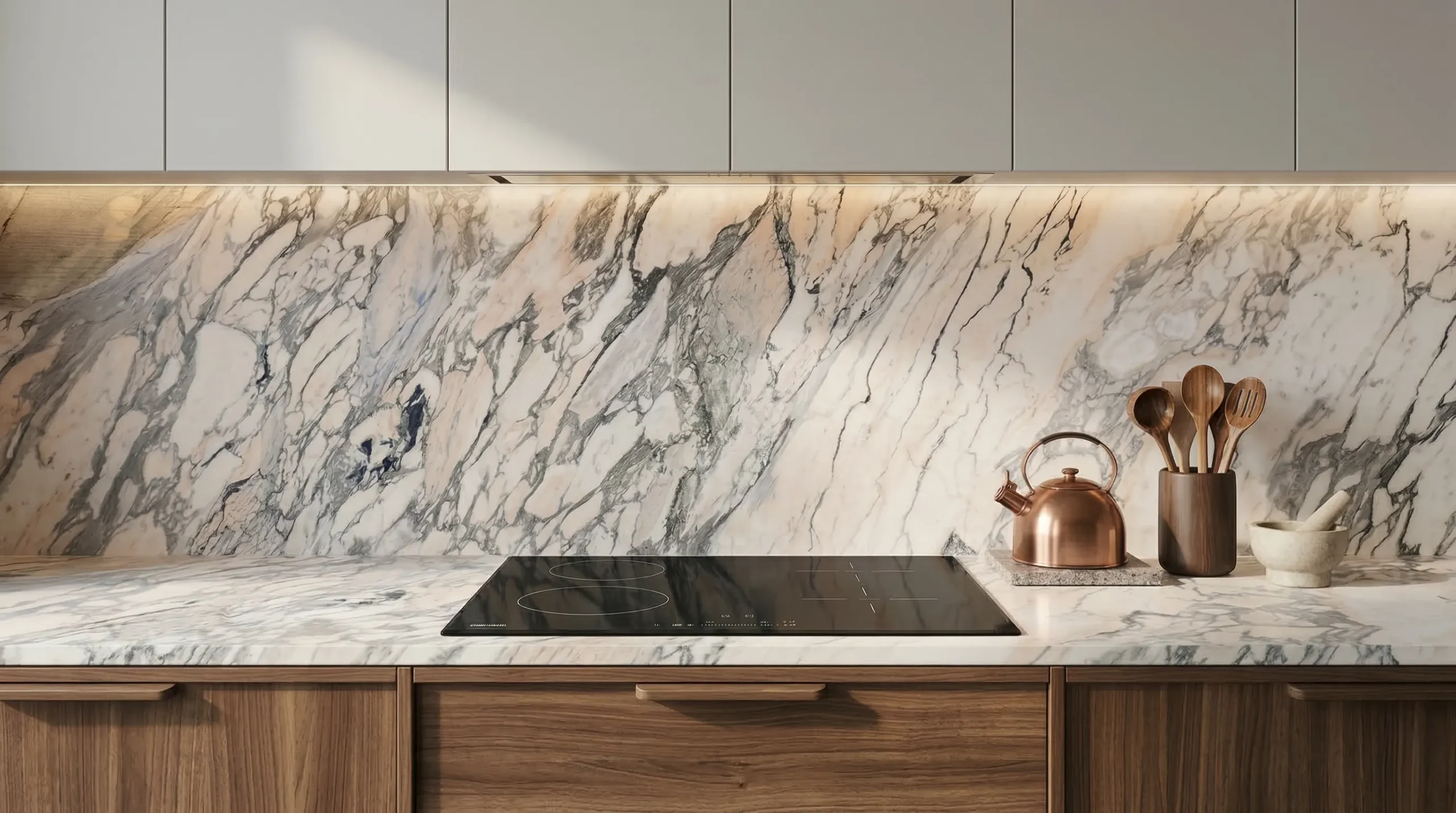 Rosa Arabescato marble worktop showing soft blush undertones and expressive veining