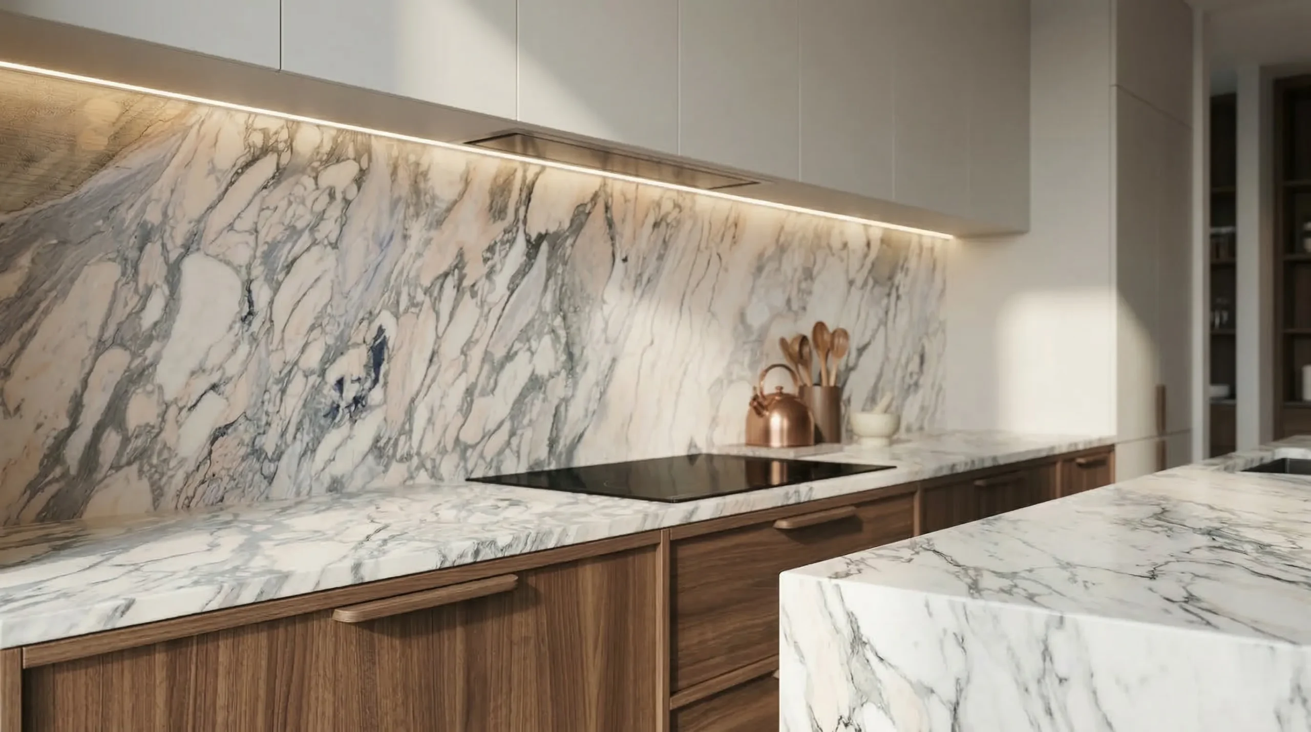 Rosa Arabescato marble worktop in a kitchen setting