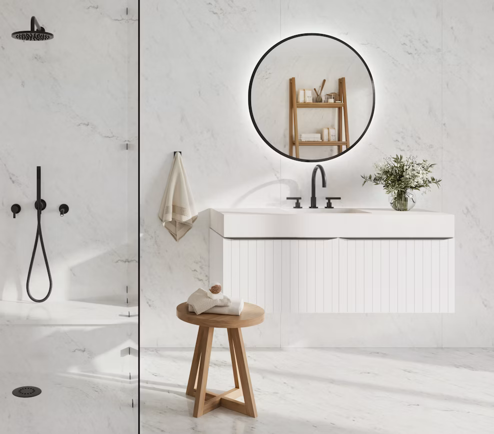 Bathroom vanity with Salina Dekton wall panels