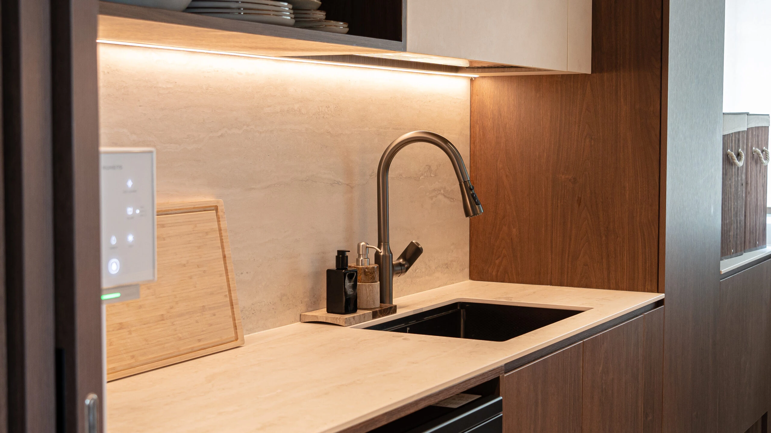 Travertine sintered stone worktop in a kitchen setting