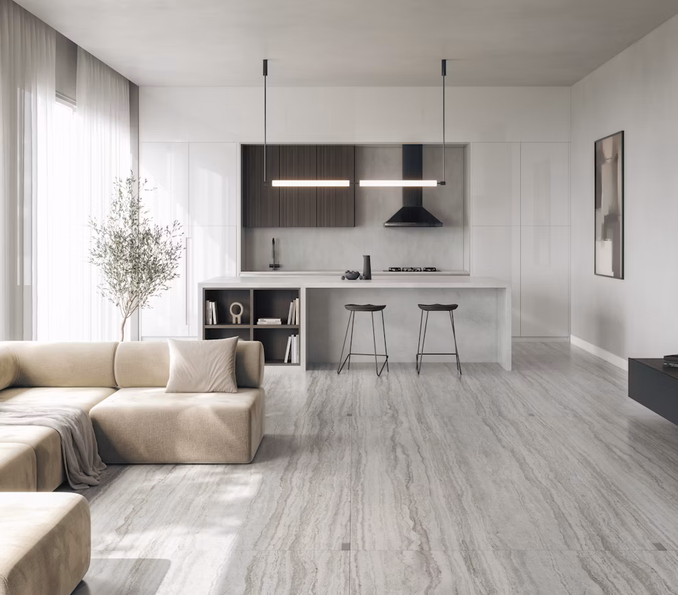 Open-plan living room with Trevi Dekton floor surface