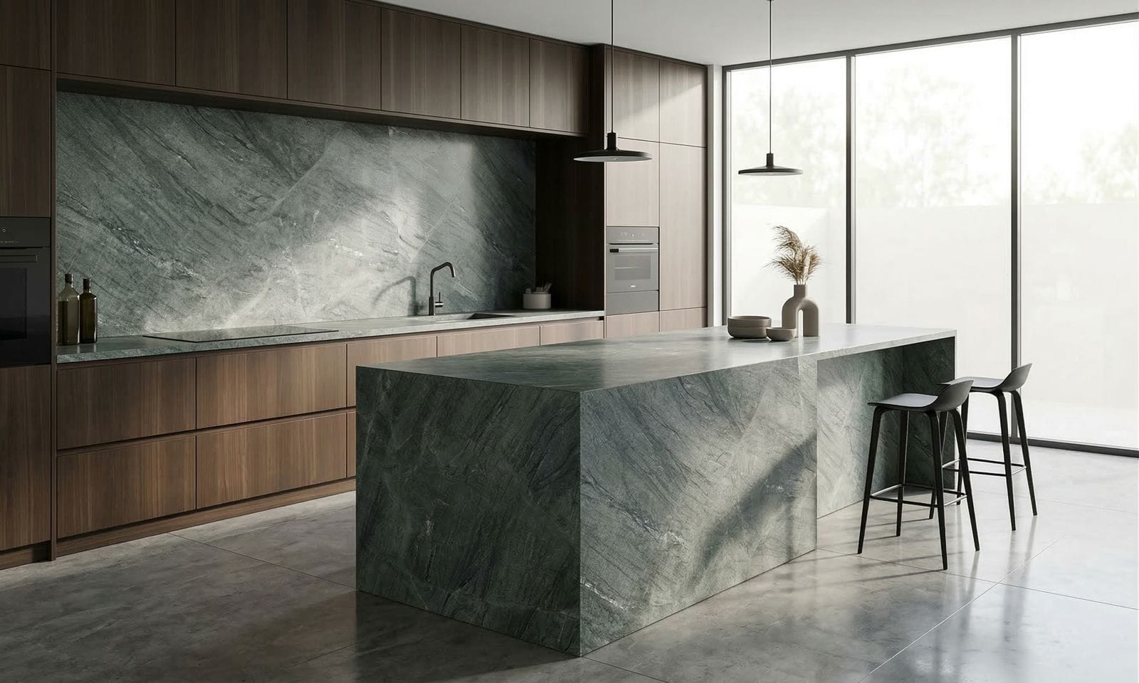 Verde Green quartzite worktop showing rich green veining