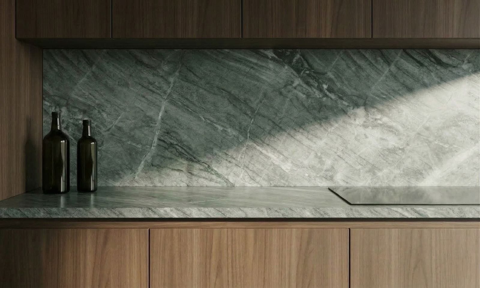 Verde Green quartzite worktop surface with rich green veining