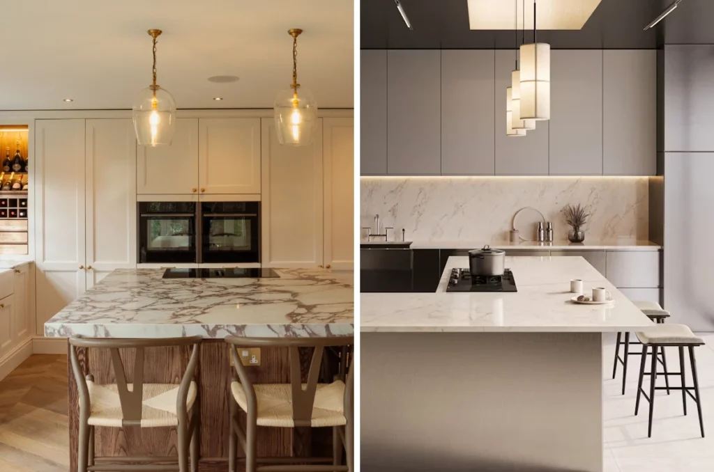 Elorā and ĒCLOS zero-silica worktop samples compared