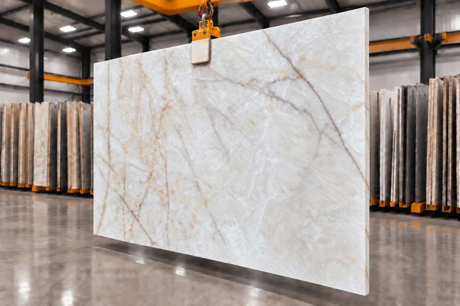 Full slab of Cristallo Quartzite showcasing a soft white surface, delicate golden veining, and natural crystalline patterns