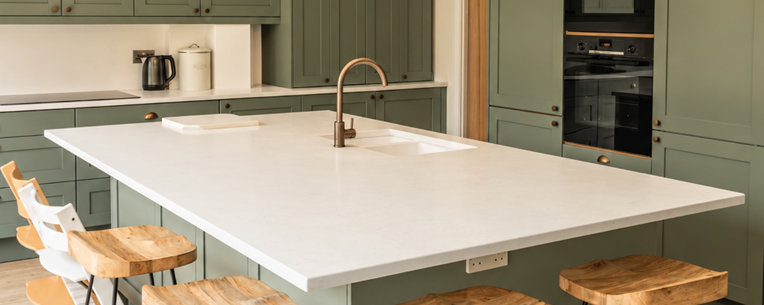 Sage green kitchen cabinets with Bianco Carrara worktops and a large white kitchen island